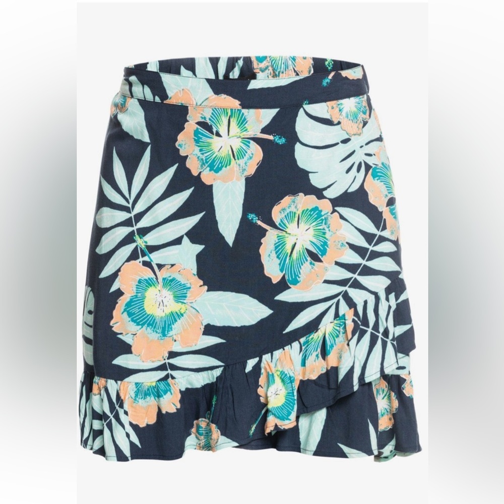 Roxy Hawaiian Floral Faux Wrap Ruffle Skirt . Size L .